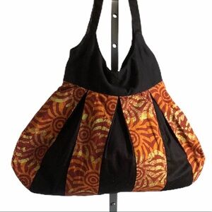 Bag Tote Large African Batik Cotton Zipper Black Orange